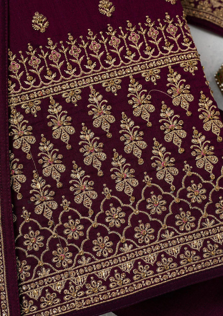 Wine Zariwork (Gold) Soft Raw Silk Unstitched Salwar Suit-Koskii