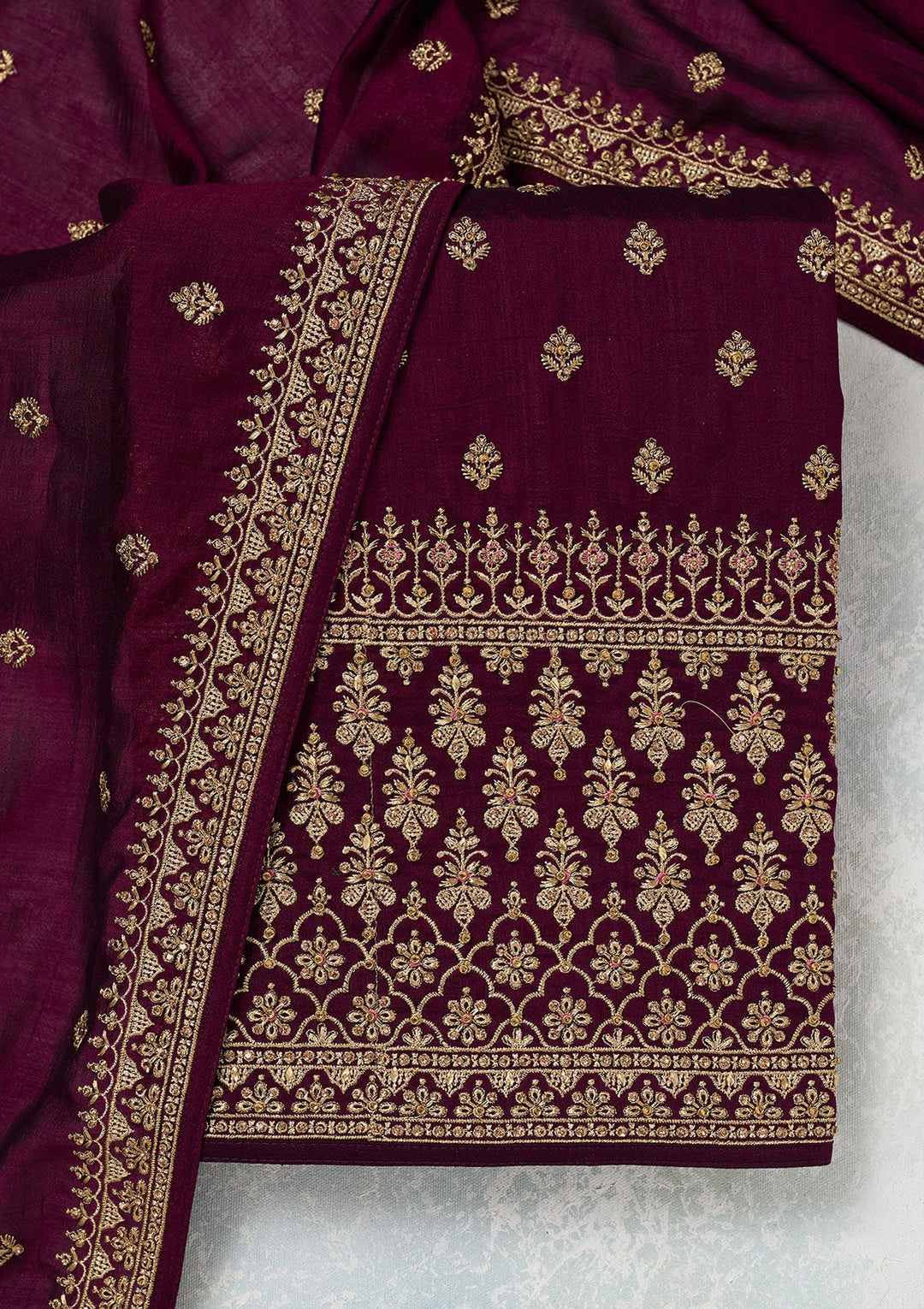 Wine Zariwork (Gold) Soft Raw Silk Unstitched Salwar Suit-Koskii