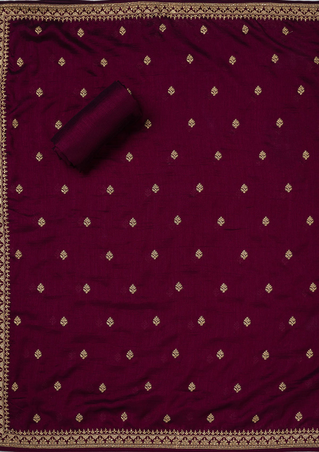 Wine Zariwork (Gold) Soft Raw Silk Unstitched Salwar Suit-Koskii