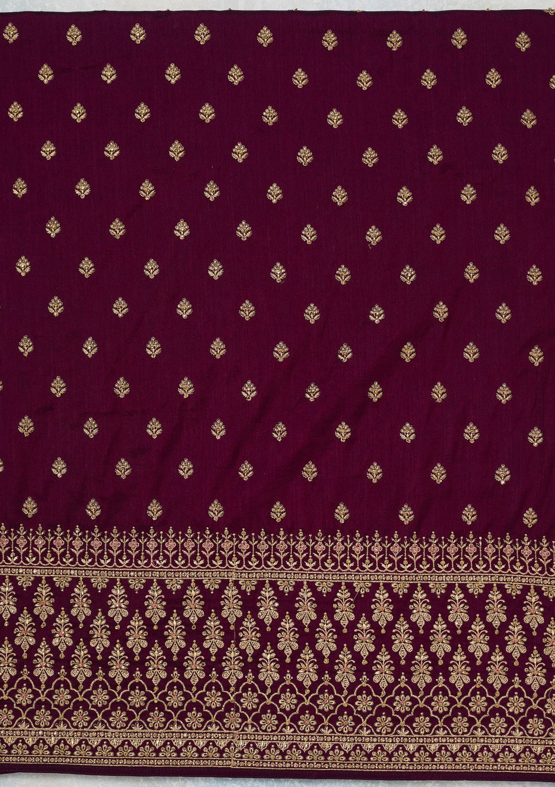 Wine Zariwork (Gold) Soft Raw Silk Unstitched Salwar Suit-Koskii