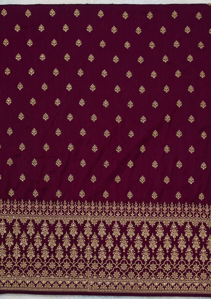 Wine Zariwork (Gold) Soft Raw Silk Unstitched Salwar Suit-Koskii