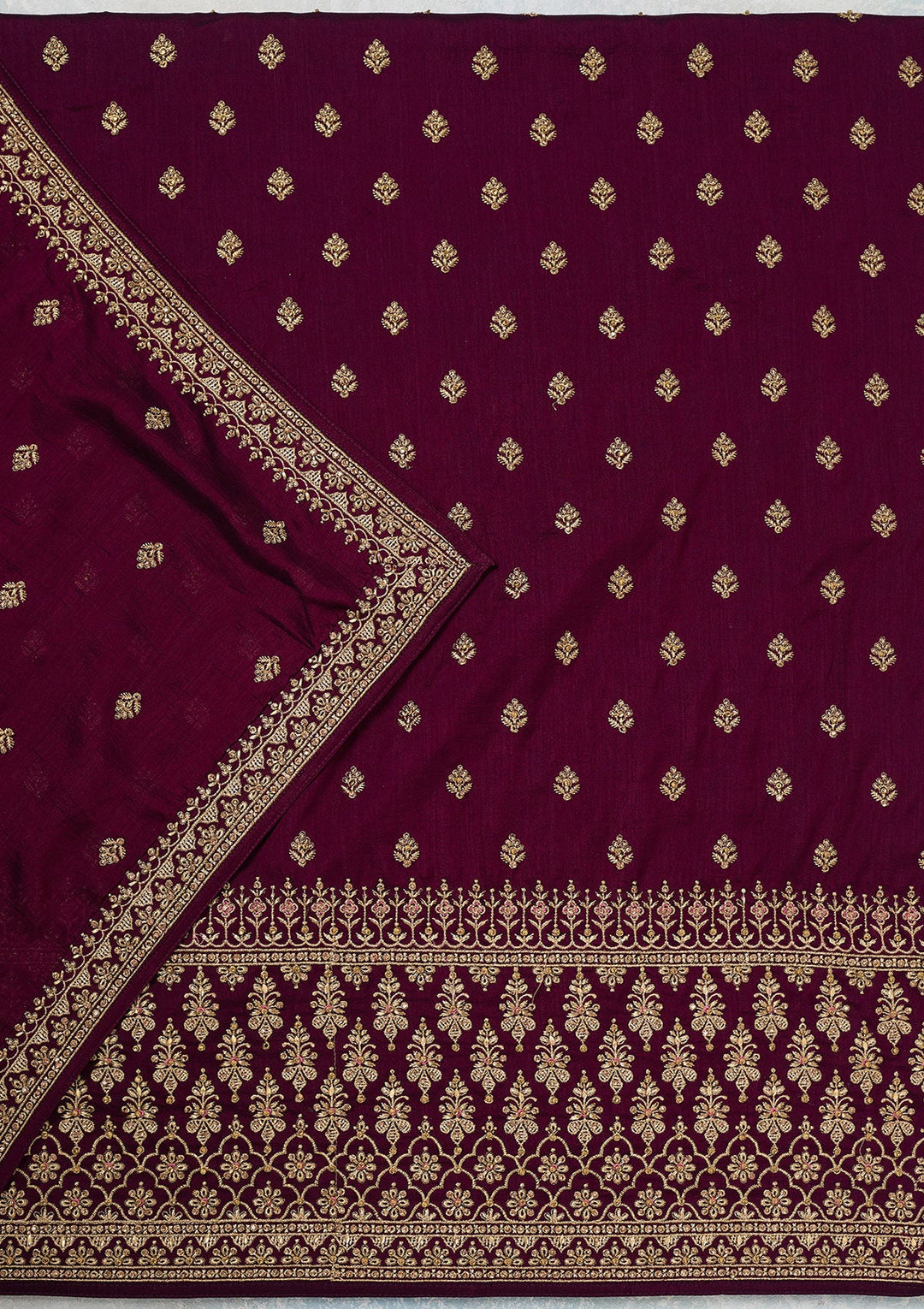 Wine Zariwork (Gold) Soft Raw Silk Unstitched Salwar Suit-Koskii