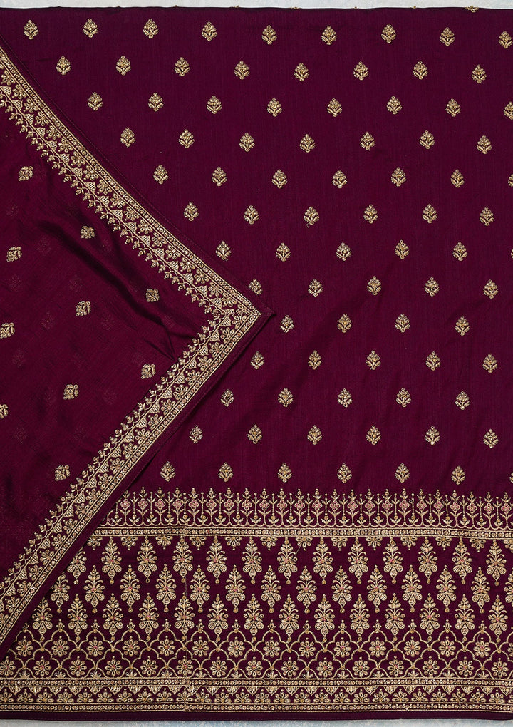 Wine Zariwork (Gold) Soft Raw Silk Unstitched Salwar Suit-Koskii