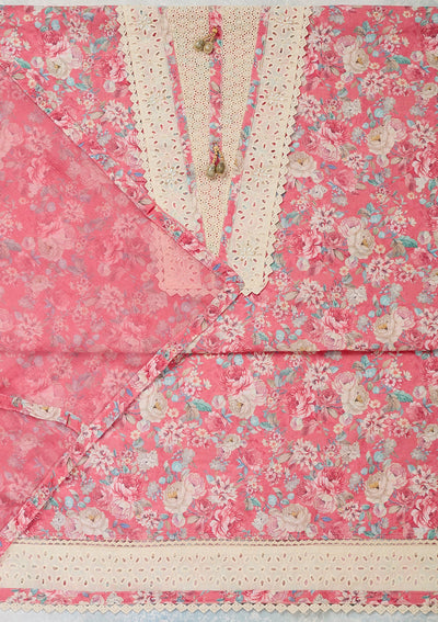 Pink Threadwork Cotton Unstitched Salwar Suit-Koskii