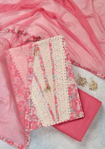 Pink Threadwork Cotton Unstitched Salwar Suit-Koskii
