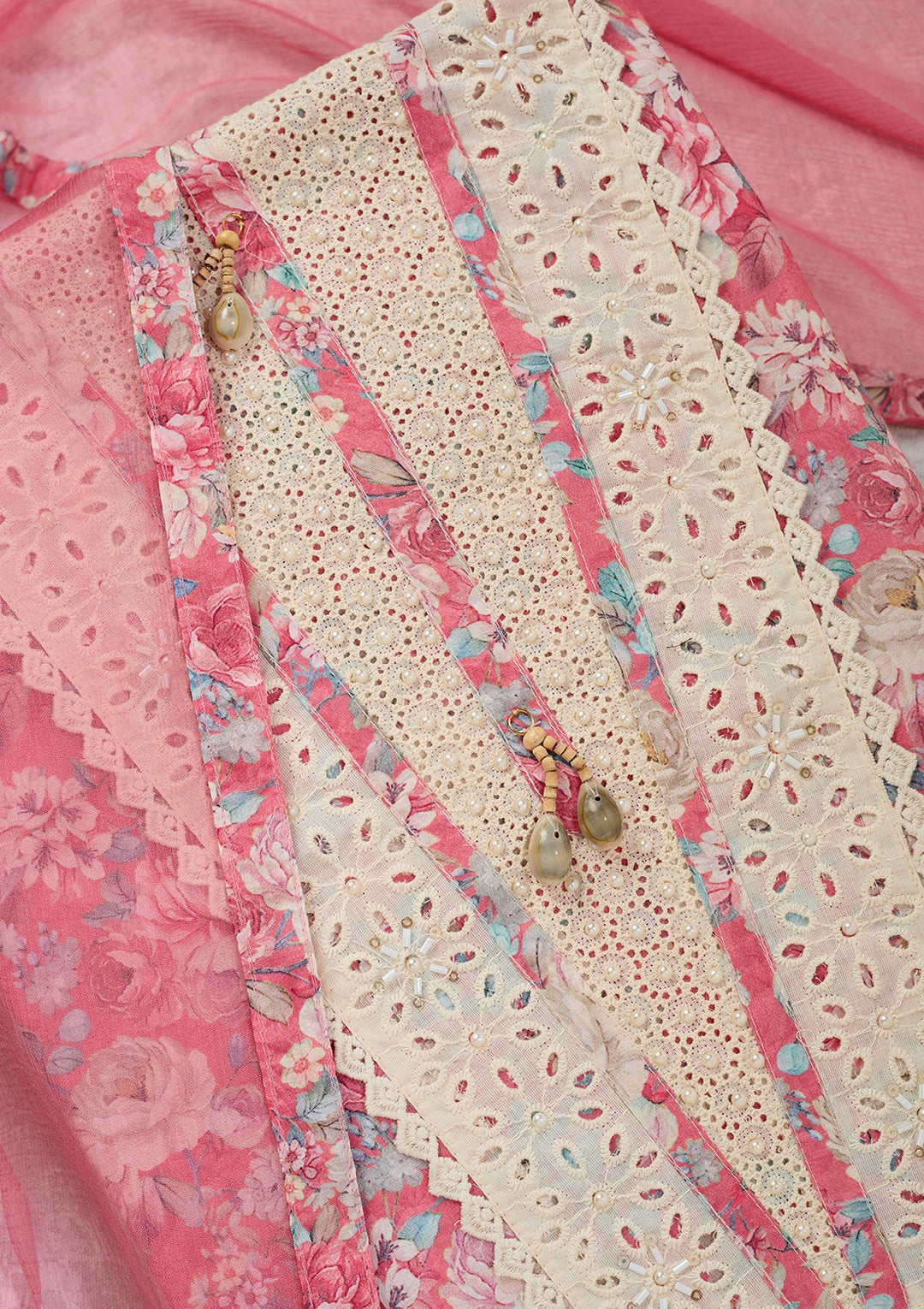 Pink Threadwork Cotton Unstitched Salwar Suit-Koskii
