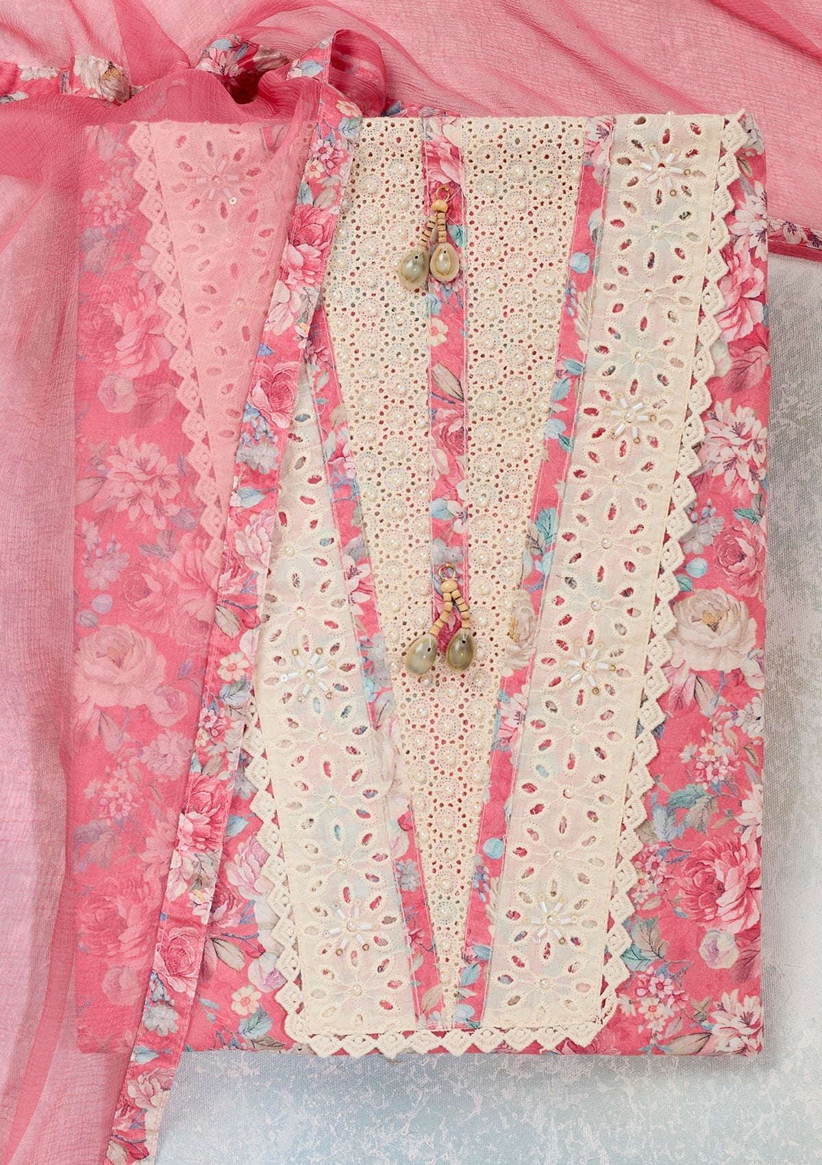 Pink Threadwork Cotton Unstitched Salwar Suit-Koskii