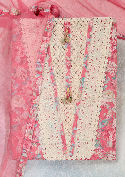 Pink Threadwork Cotton Unstitched Salwar Suit-Koskii
