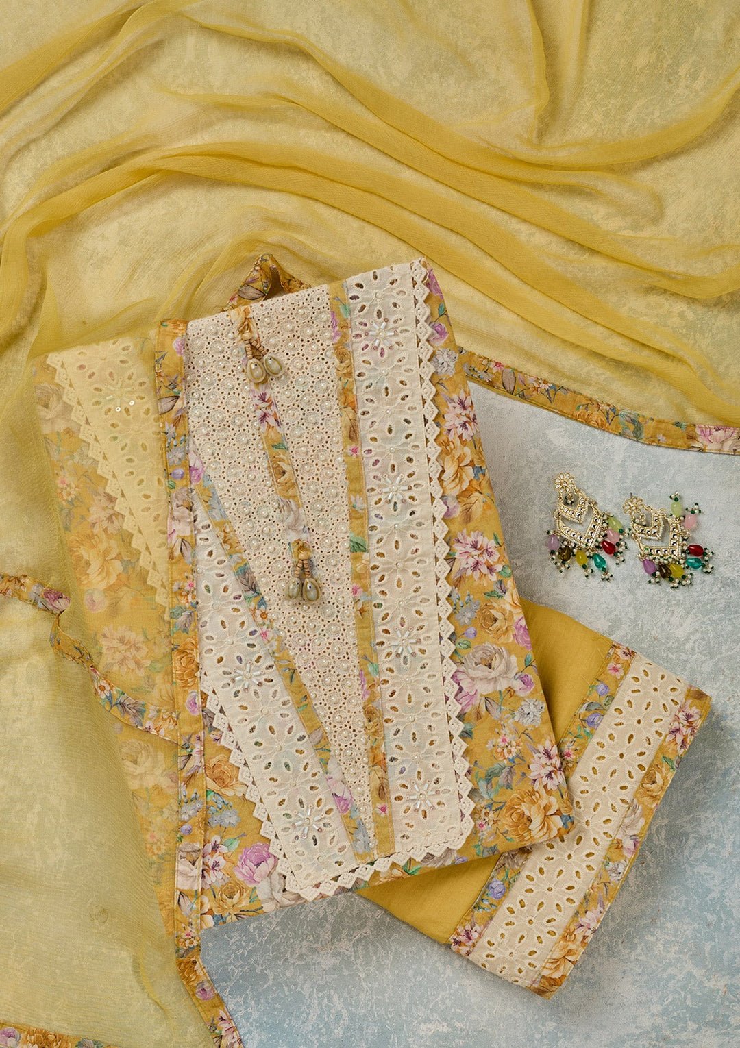 Yellow Threadwork Cotton Unstitched Salwar Suit-Koskii