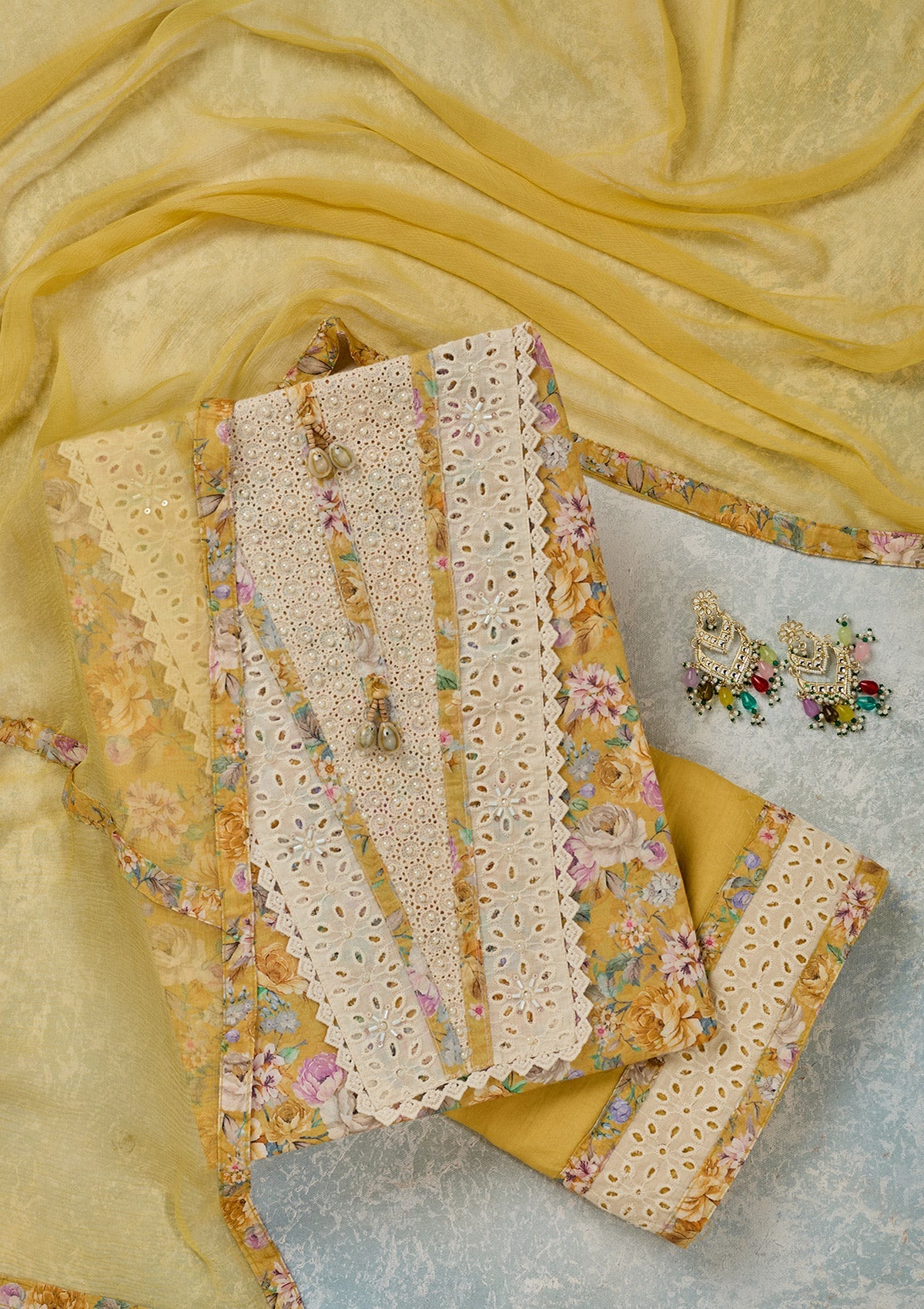 Yellow Threadwork Cotton Unstitched Salwar Suit-Koskii
