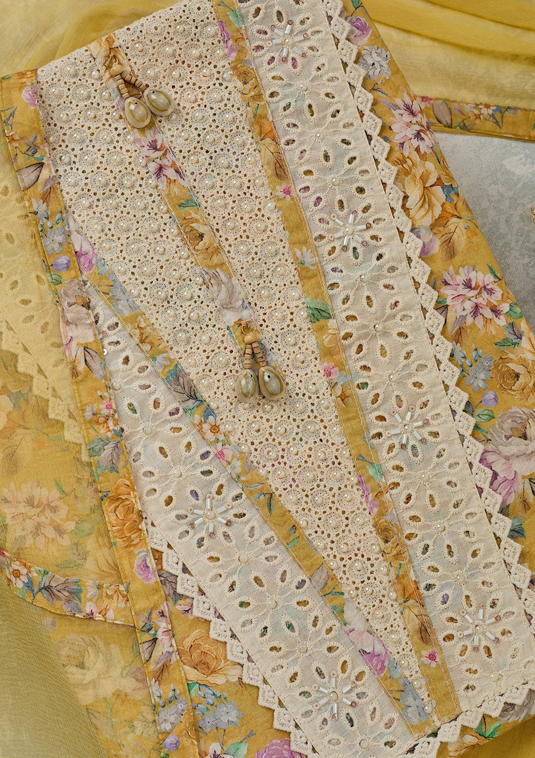 Yellow Threadwork Cotton Unstitched Salwar Suit-Koskii