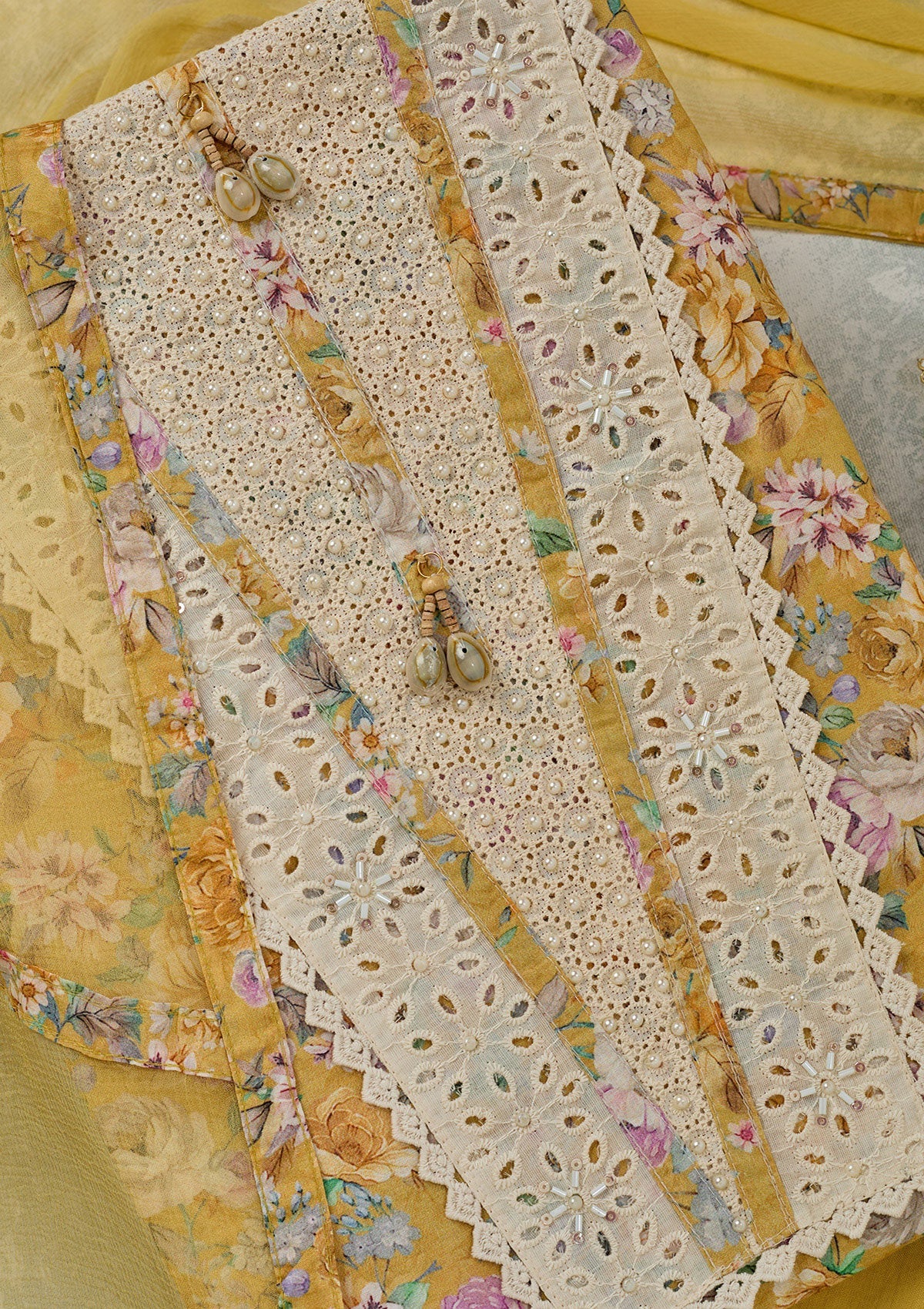 Yellow Threadwork Cotton Unstitched Salwar Suit-Koskii