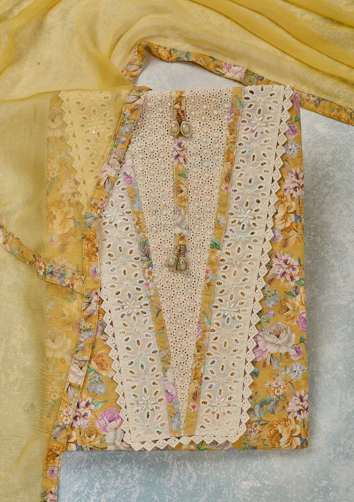 Yellow Threadwork Cotton Unstitched Salwar Suit-Koskii