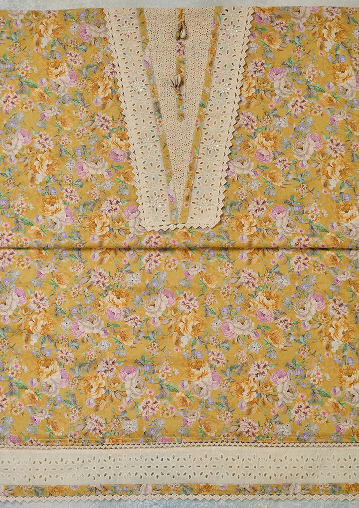 Yellow Threadwork Cotton Unstitched Salwar Suit-Koskii