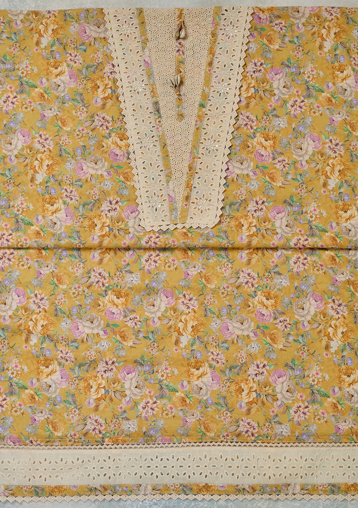 Yellow Threadwork Cotton Unstitched Salwar Suit-Koskii