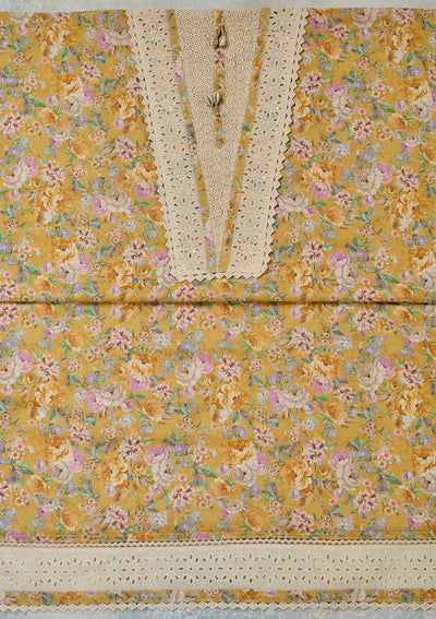 Yellow Threadwork Cotton Unstitched Salwar Suit-Koskii