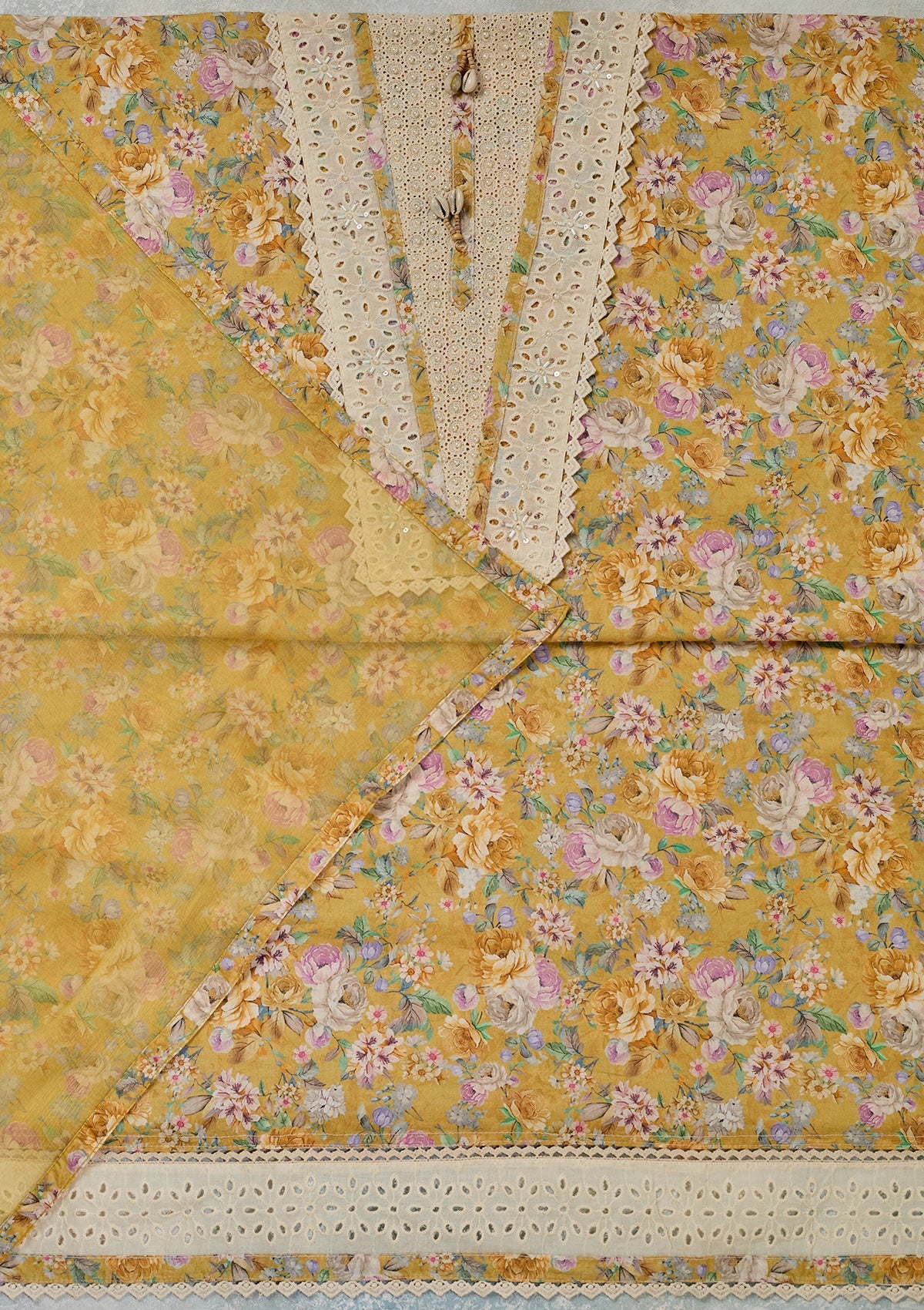Yellow Threadwork Cotton Unstitched Salwar Suit-Koskii