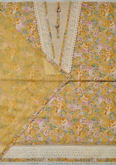 Yellow Threadwork Cotton Unstitched Salwar Suit-Koskii