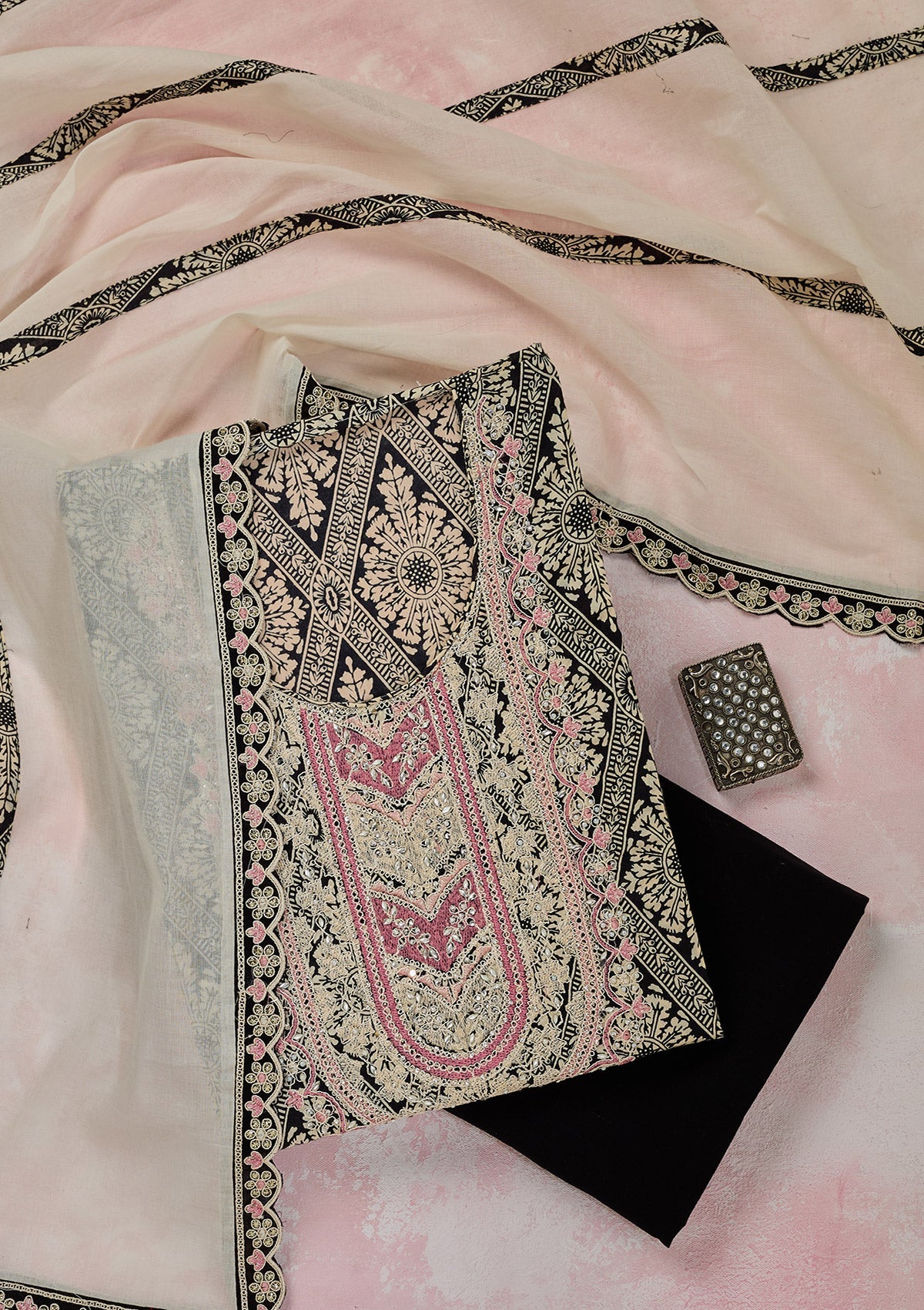 Cream Threadwork Cotton Unstitched Salwar Suit-Koskii