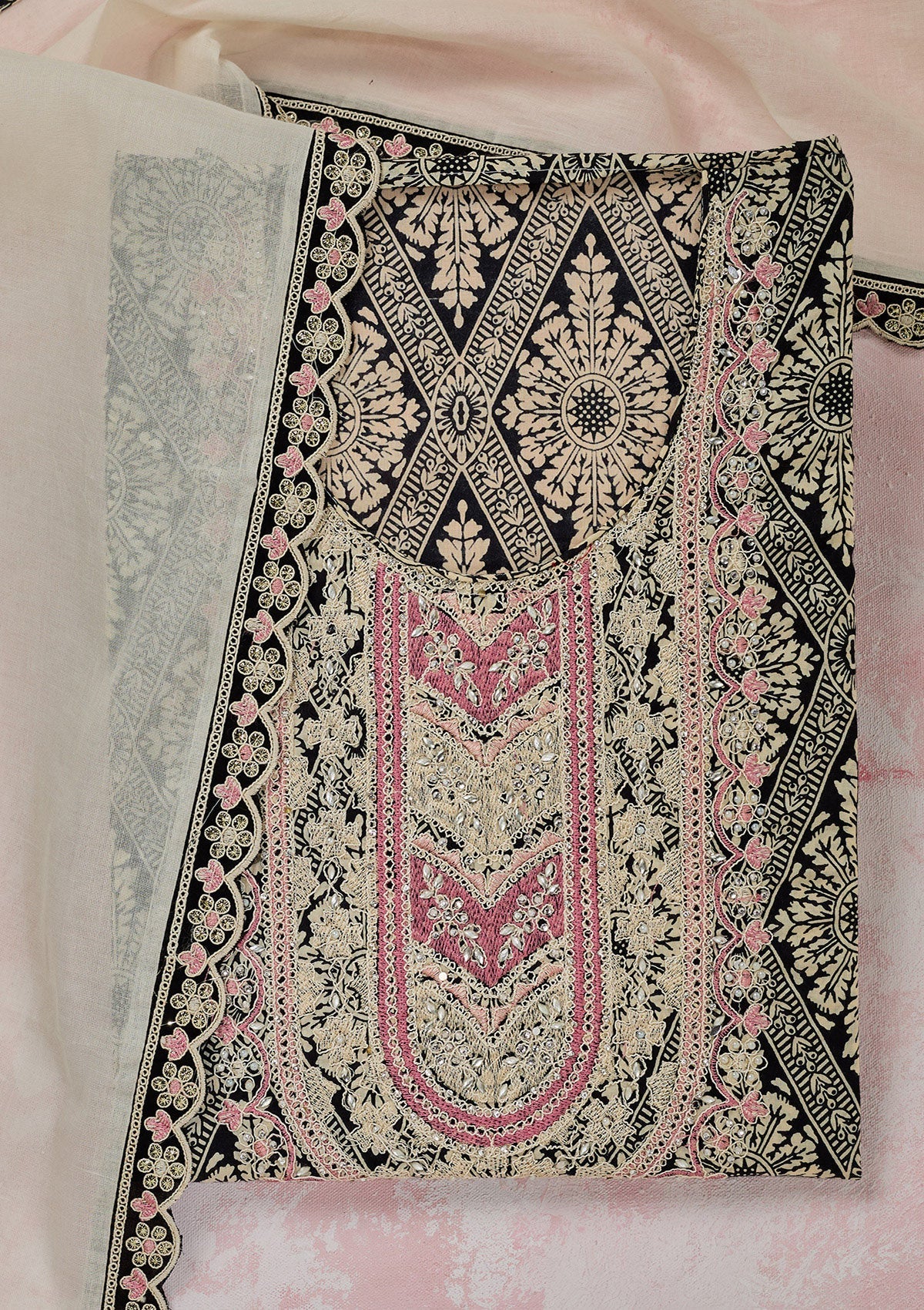 Cream Threadwork Cotton Unstitched Salwar Suit-Koskii