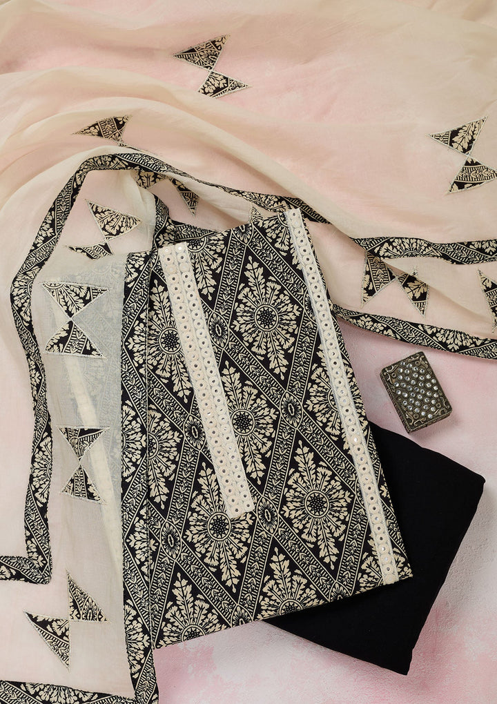 Cream Threadwork Cotton Unstitched Salwar Suit-Koskii