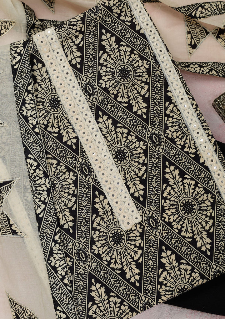 Cream Threadwork Cotton Unstitched Salwar Suit-Koskii