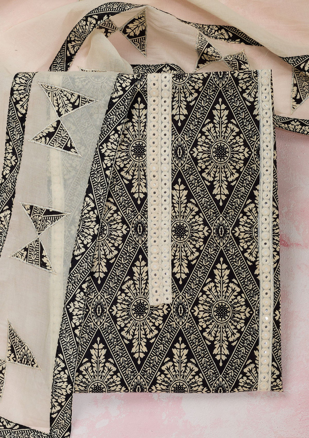 Cream Threadwork Cotton Unstitched Salwar Suit-Koskii