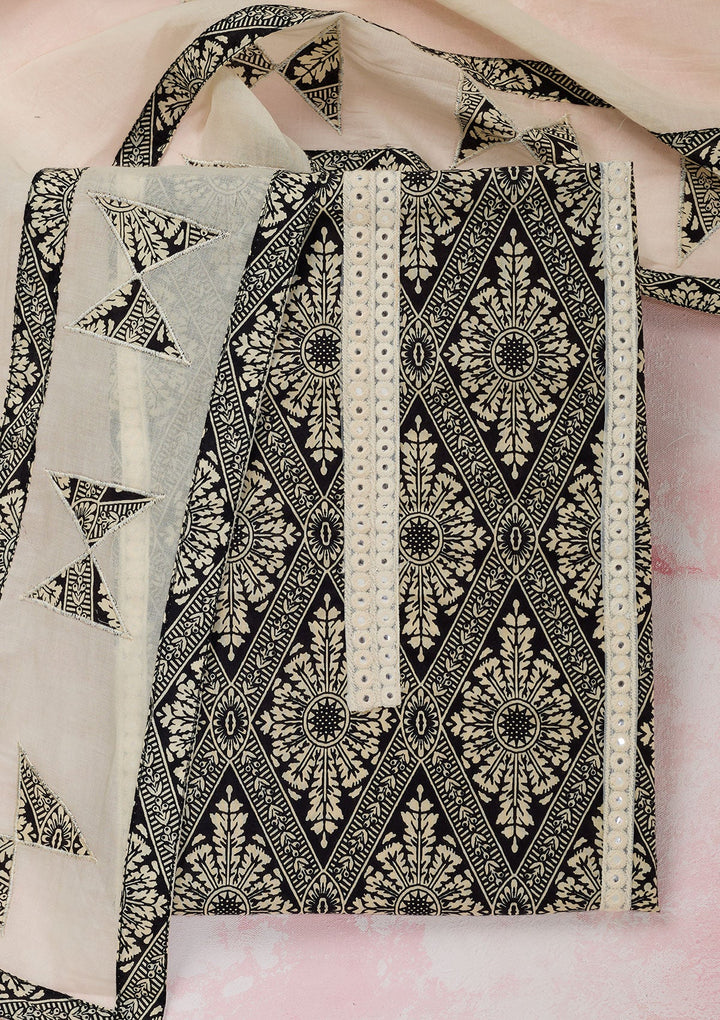 Cream Threadwork Cotton Unstitched Salwar Suit-Koskii