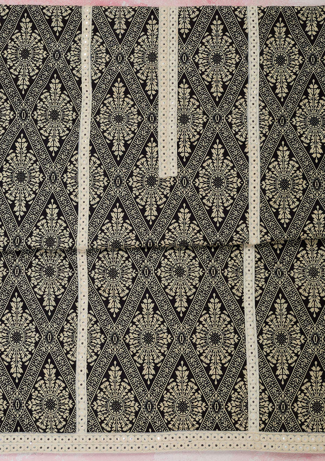 Cream Threadwork Cotton Unstitched Salwar Suit-Koskii