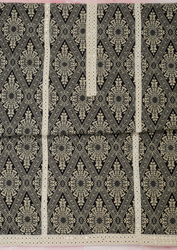 Cream Threadwork Cotton Unstitched Salwar Suit-Koskii