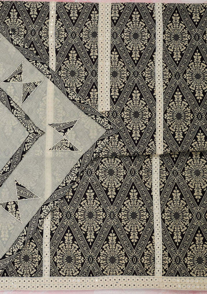 Cream Threadwork Cotton Unstitched Salwar Suit-Koskii