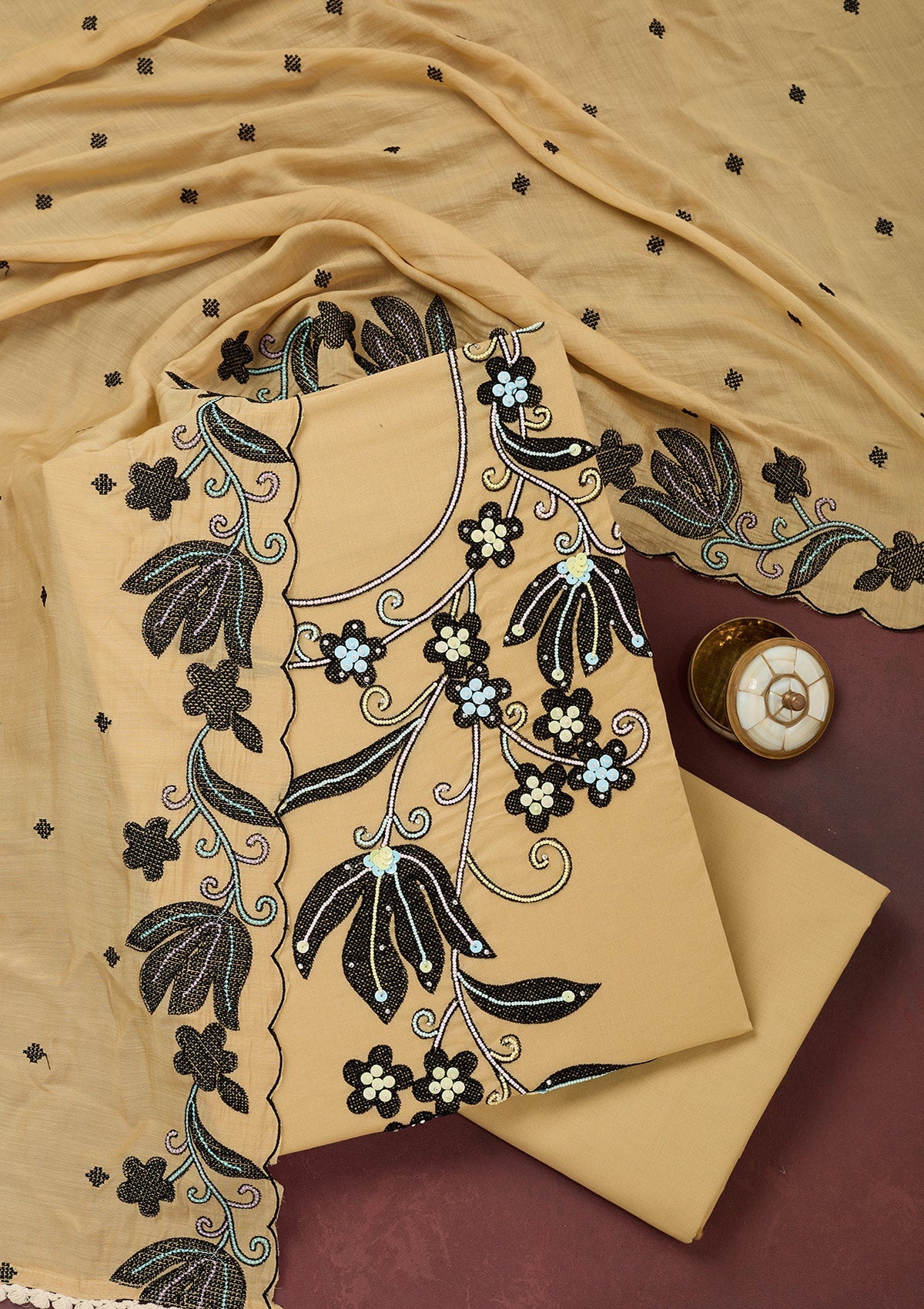 Beige Threadwork Cotton Unstitched Salwar Suit-Koskii