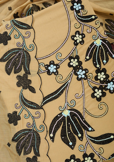 Beige Threadwork Cotton Unstitched Salwar Suit-Koskii