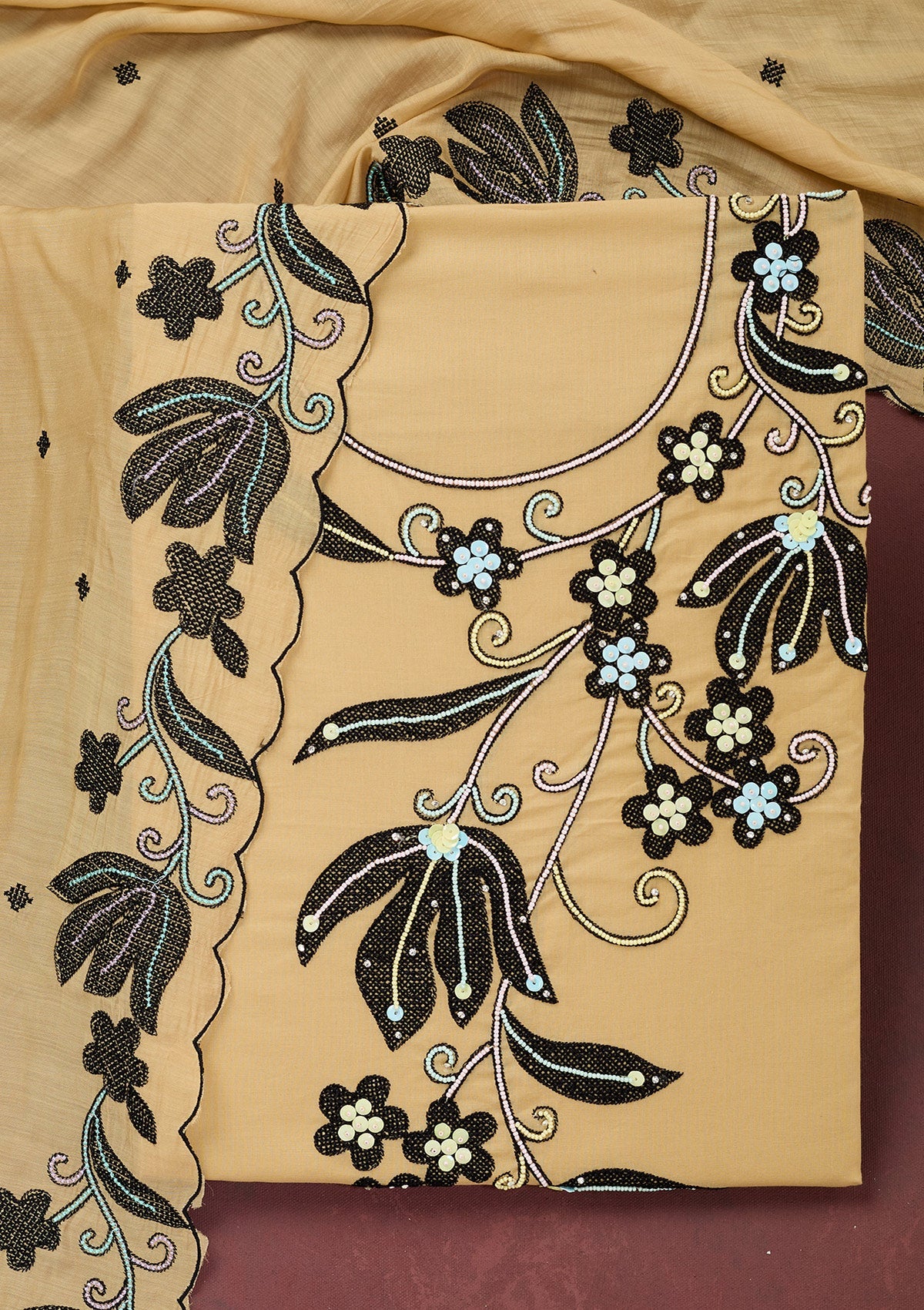 Beige Threadwork Cotton Unstitched Salwar Suit-Koskii