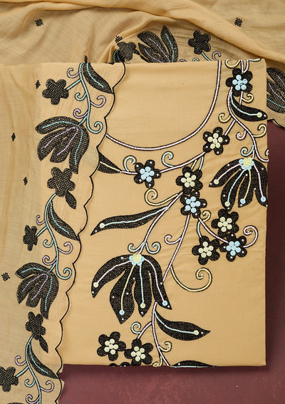 Beige Threadwork Cotton Unstitched Salwar Suit-Koskii