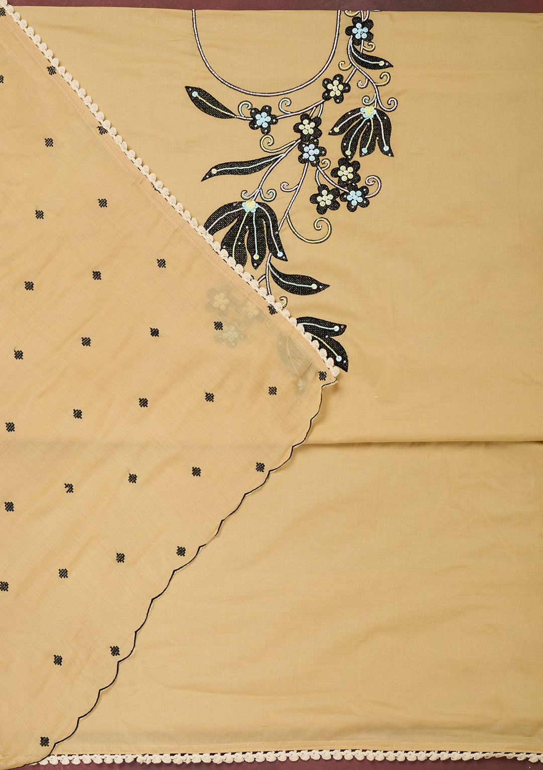 Beige Threadwork Cotton Unstitched Salwar Suit-Koskii
