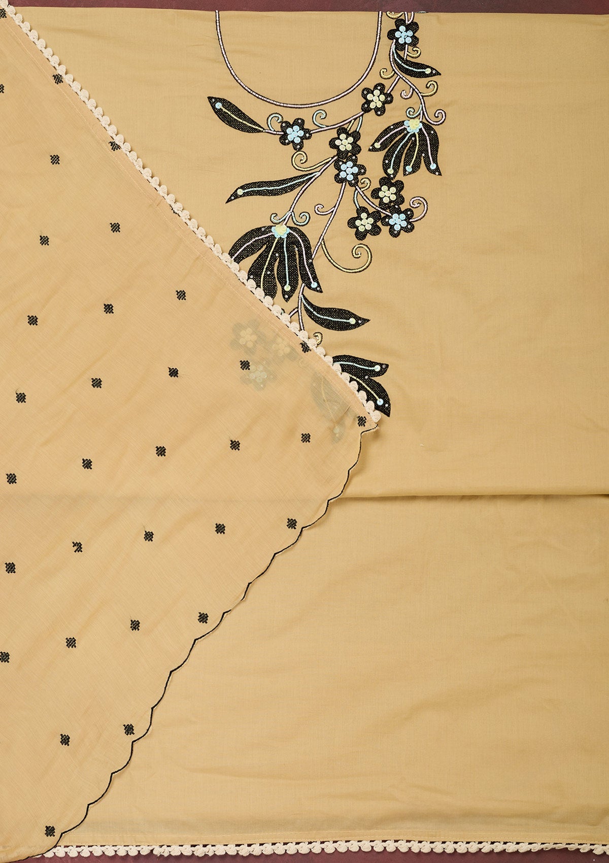 Beige Threadwork Cotton Unstitched Salwar Suit-Koskii