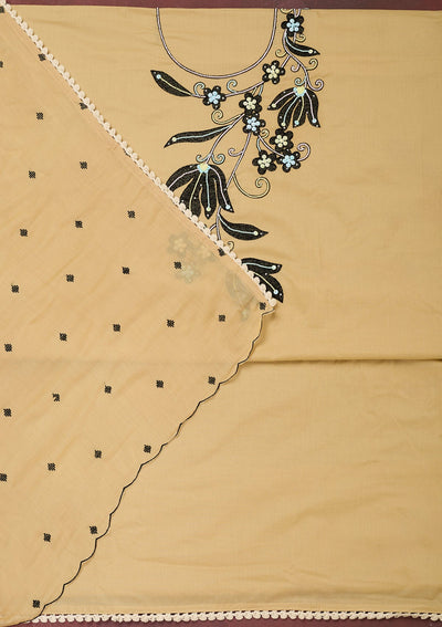Beige Threadwork Cotton Unstitched Salwar Suit-Koskii
