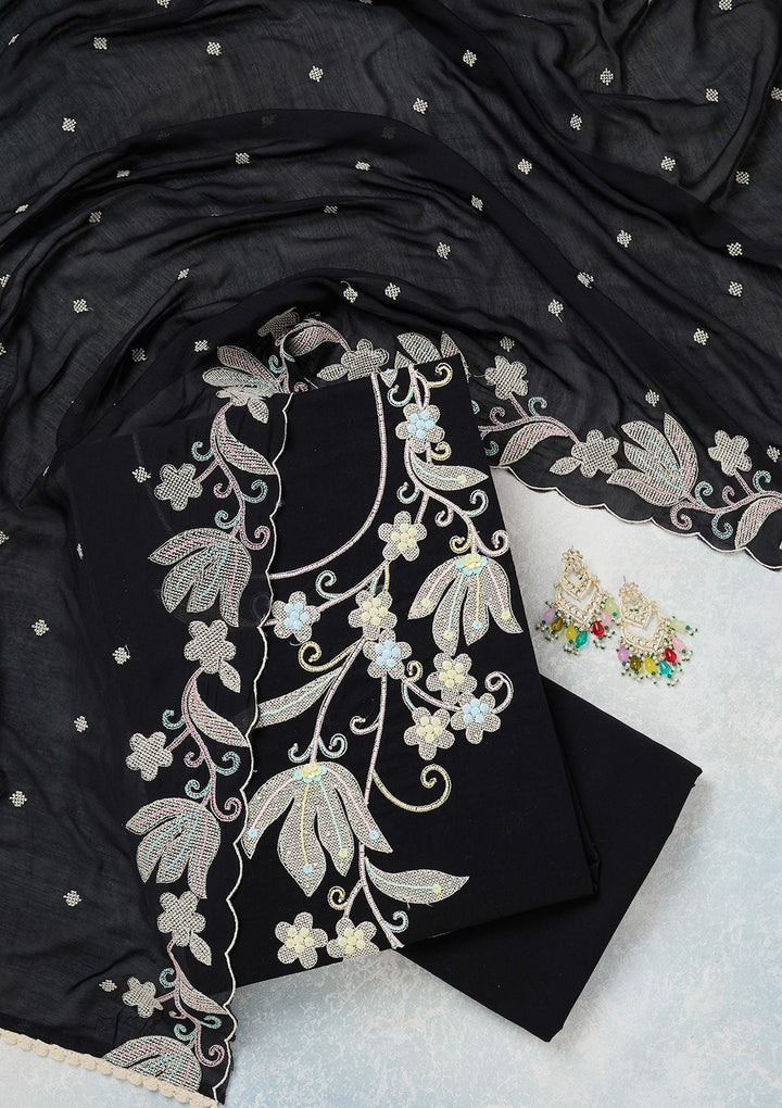 Black Threadwork Cotton Unstitched Salwar Suit-koskii