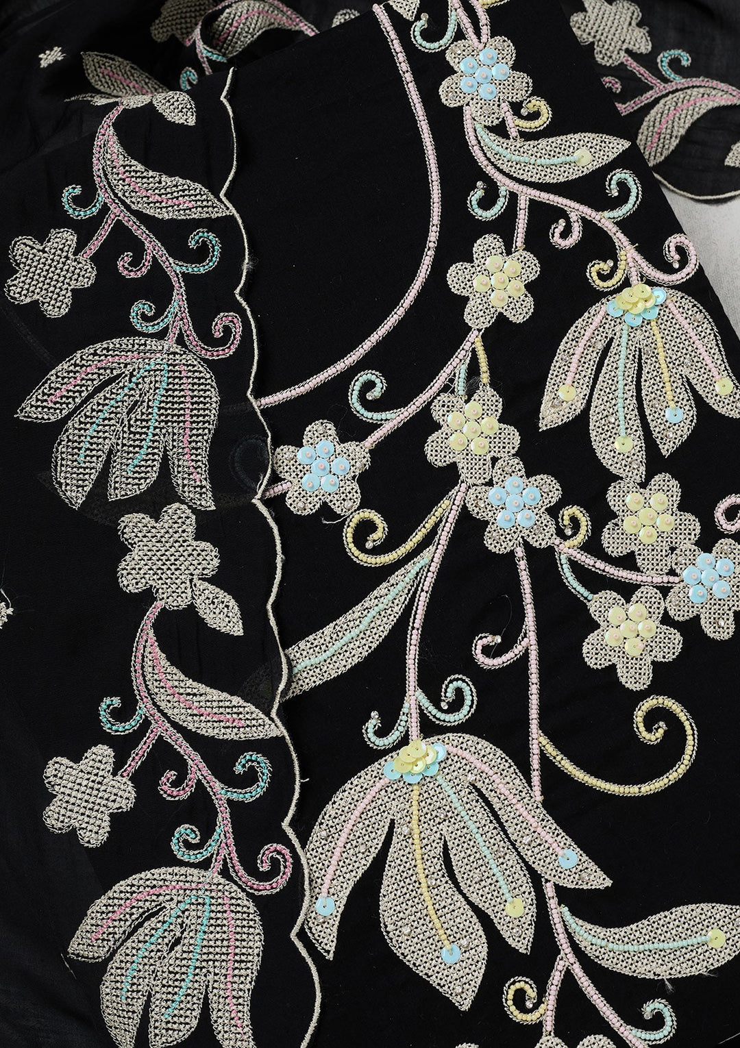 Black Threadwork Cotton Unstitched Salwar Suit-koskii