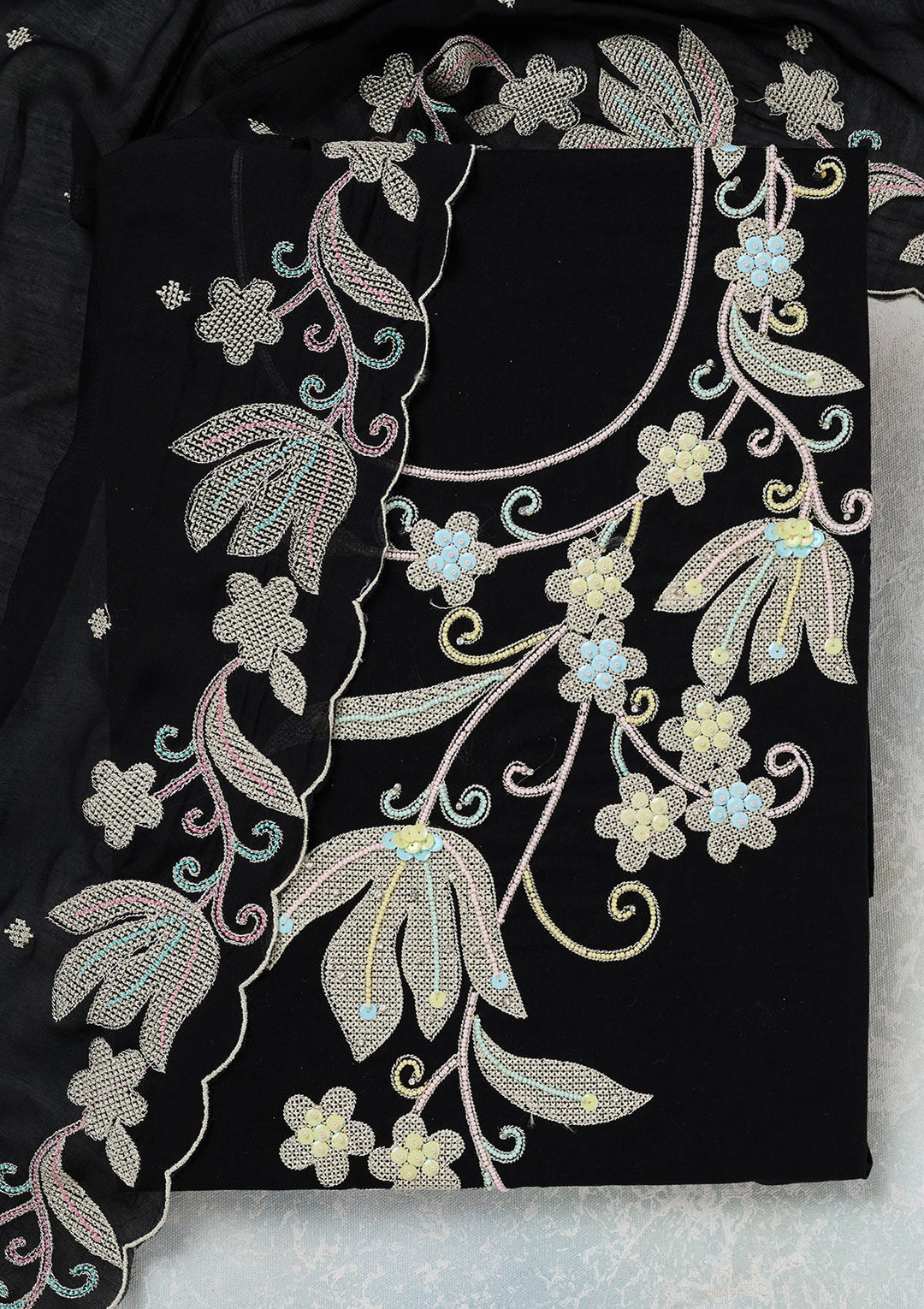 Black Threadwork Cotton Unstitched Salwar Suit-koskii