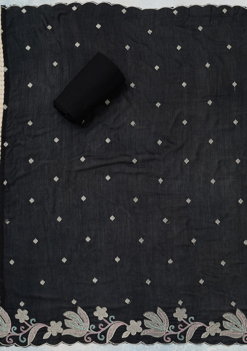 Black Threadwork Cotton Unstitched Salwar Suit-koskii