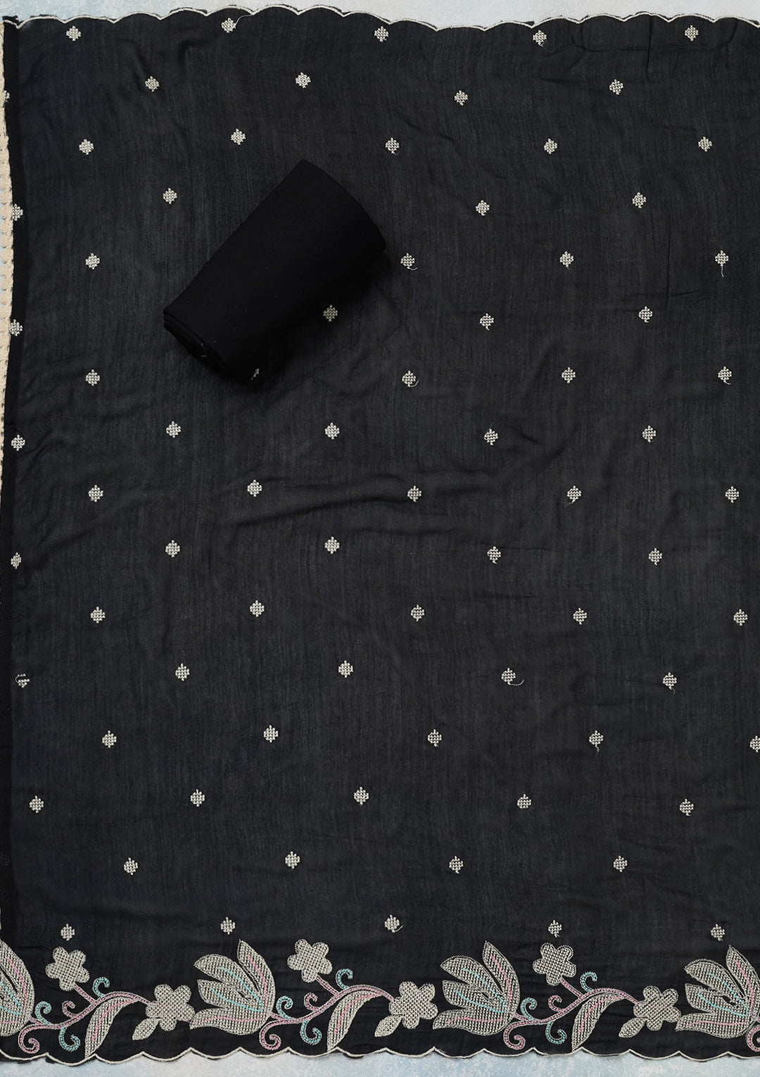 Black Threadwork Cotton Unstitched Salwar Suit-koskii