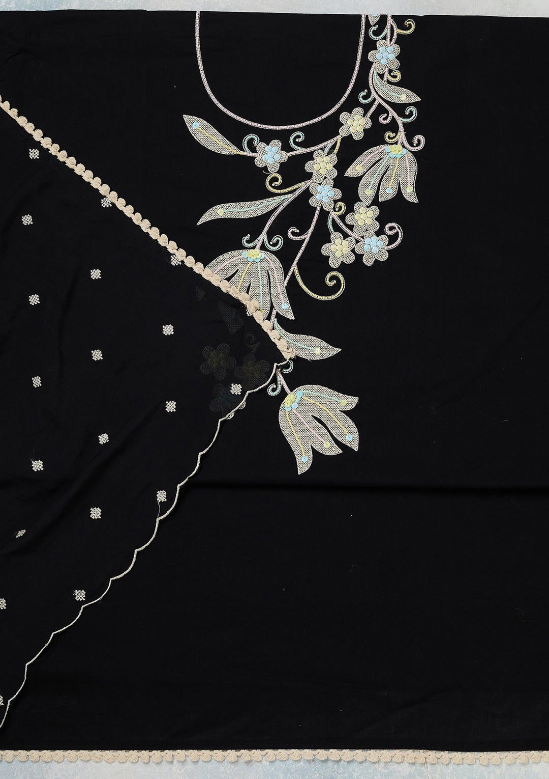 Black Threadwork Cotton Unstitched Salwar Suit-koskii