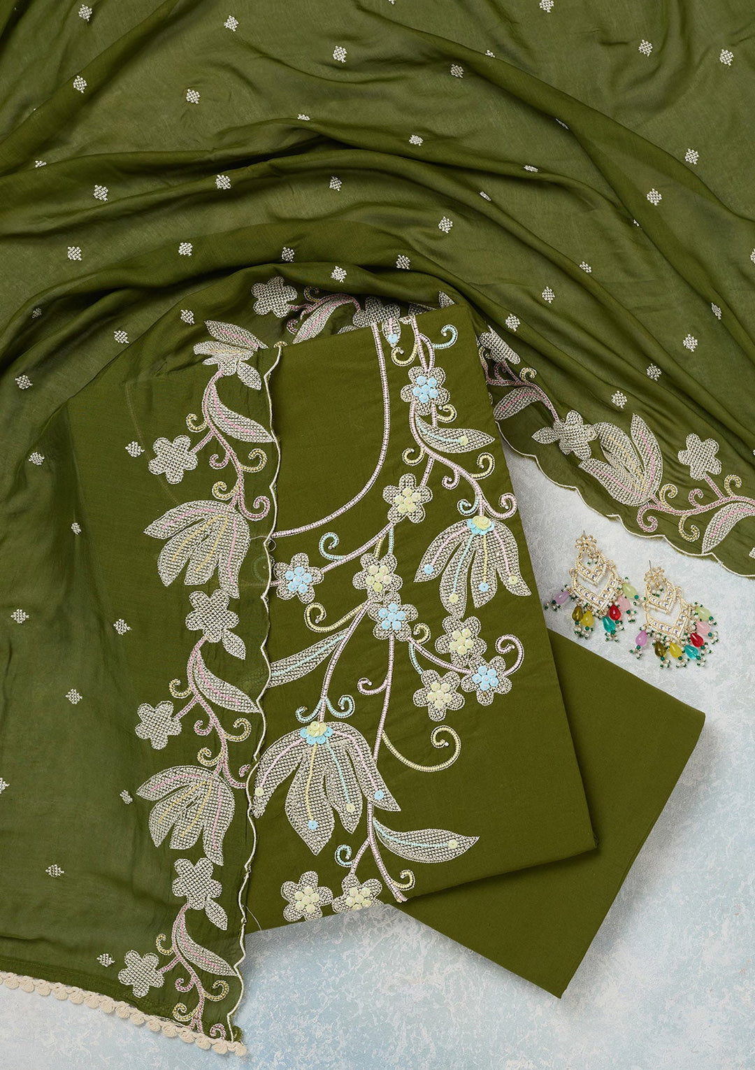 Leaf Green Threadwork Cotton Unstitched Salwar Suit-koskii
