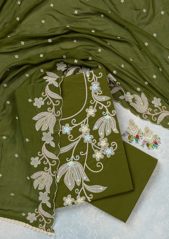 Leaf Green Threadwork Cotton Unstitched Salwar Suit-koskii