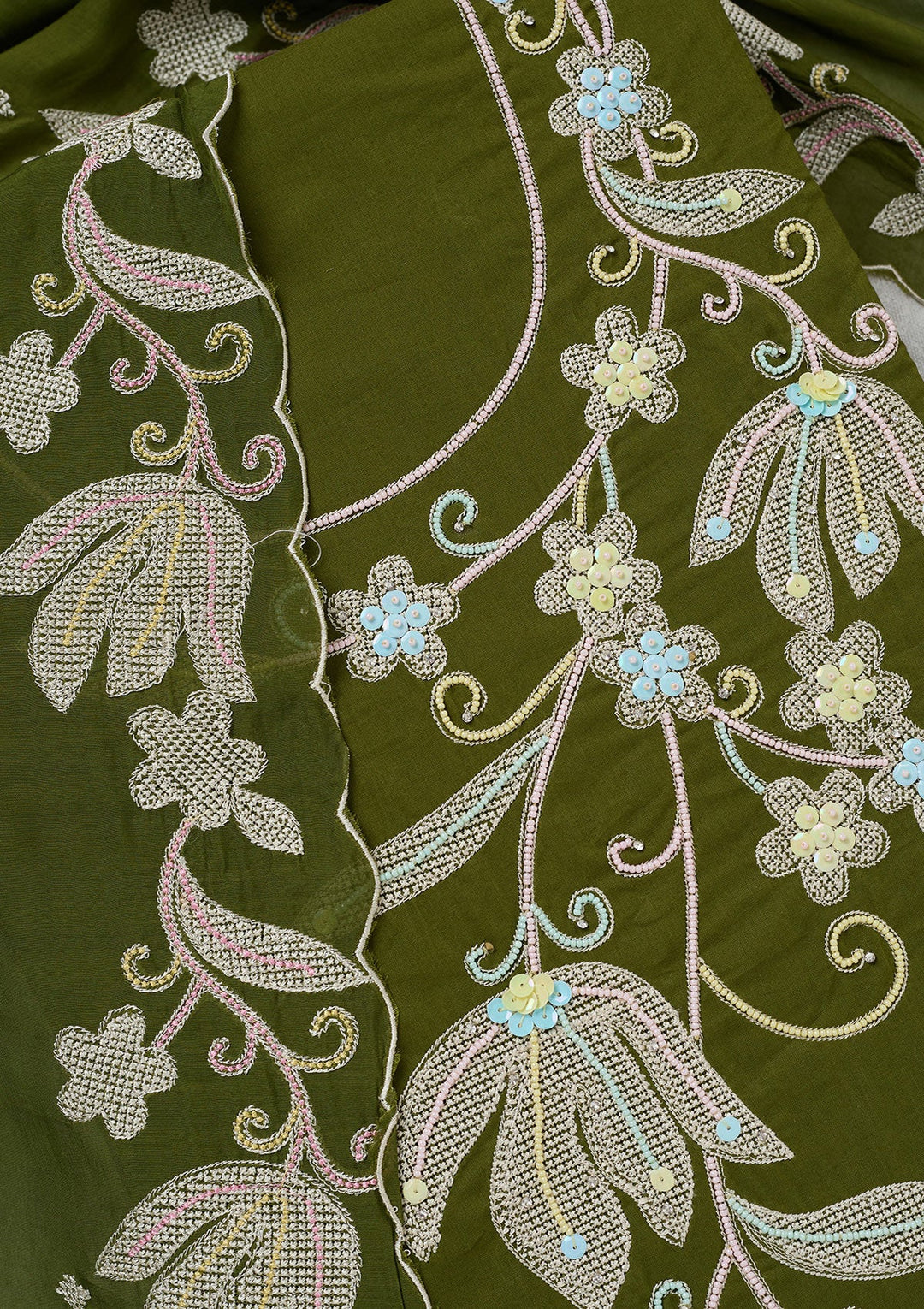 Leaf Green Threadwork Cotton Unstitched Salwar Suit-koskii