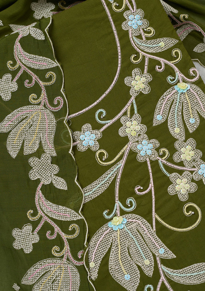 Leaf Green Threadwork Cotton Unstitched Salwar Suit-koskii