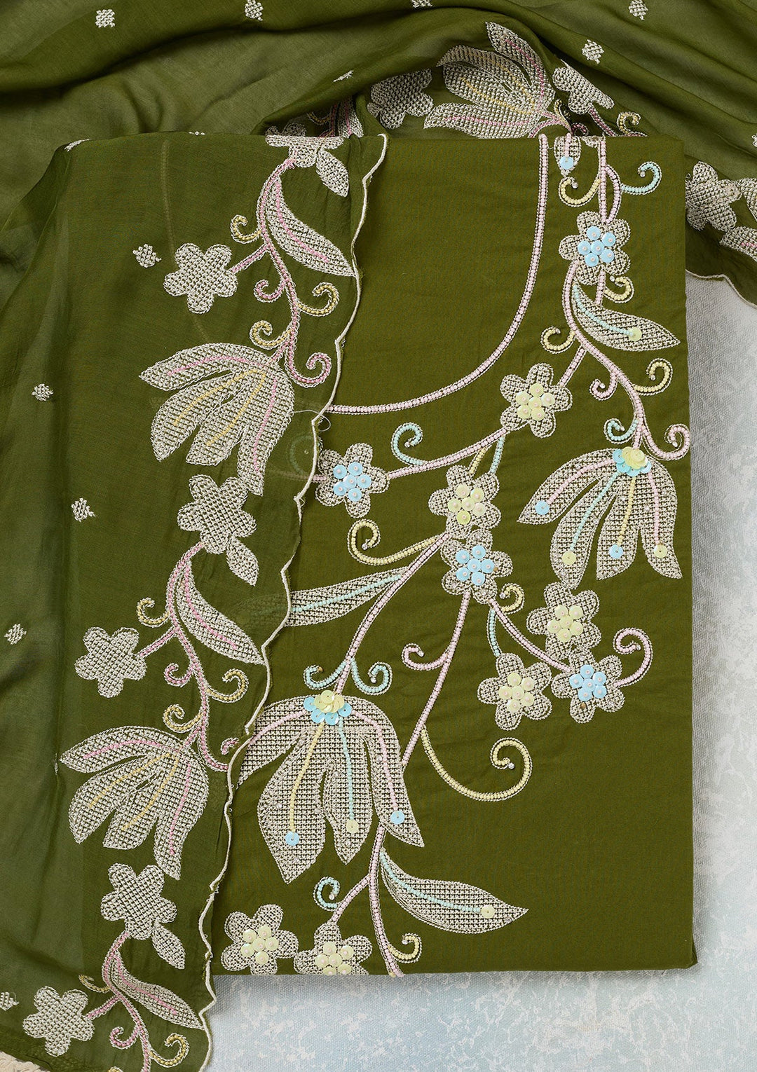 Leaf Green Threadwork Cotton Unstitched Salwar Suit-koskii