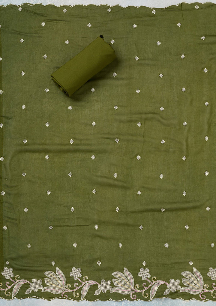 Leaf Green Threadwork Cotton Unstitched Salwar Suit-koskii